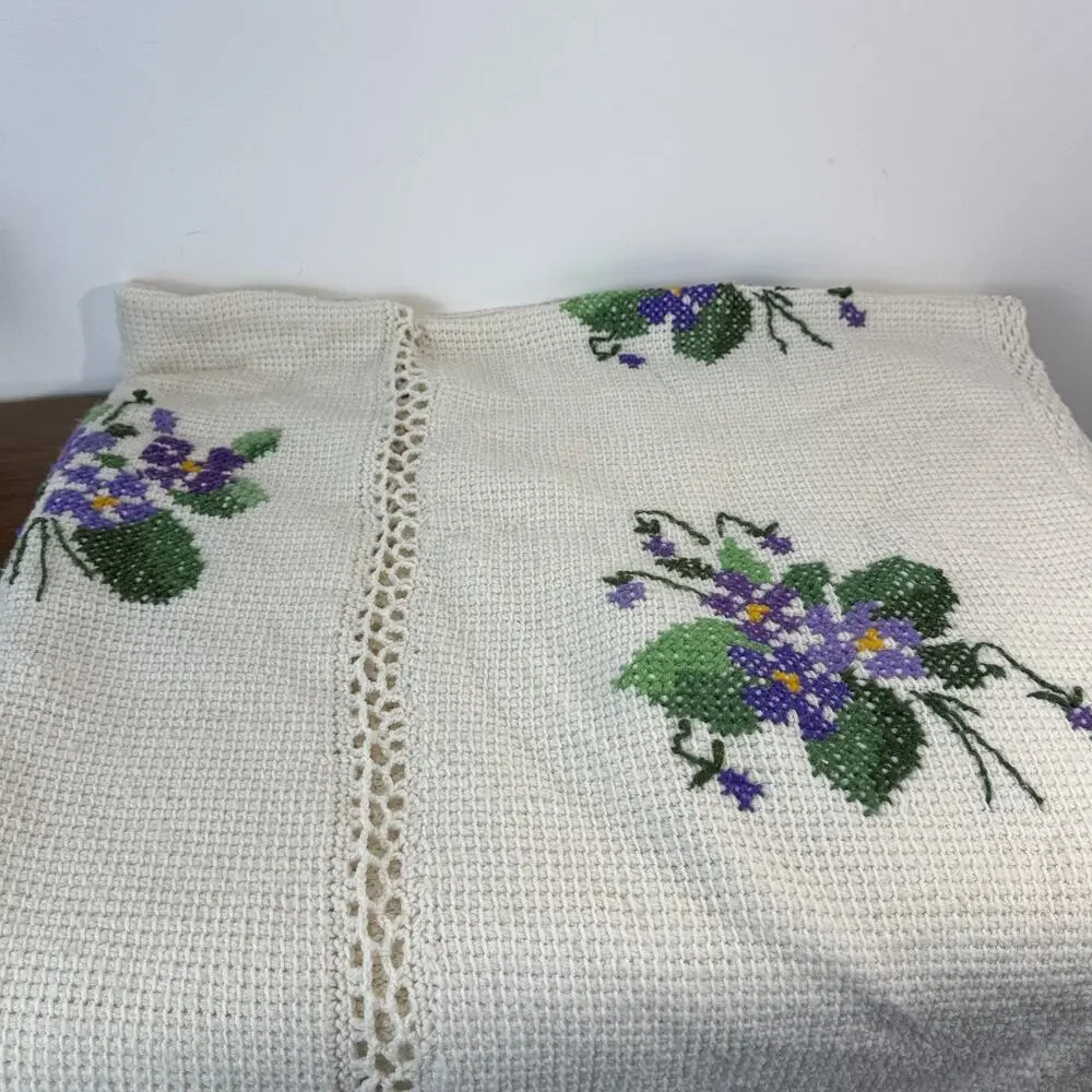 Vintage Handmade Crochet Blanket Throw Afghan Cross Stitch African Violets